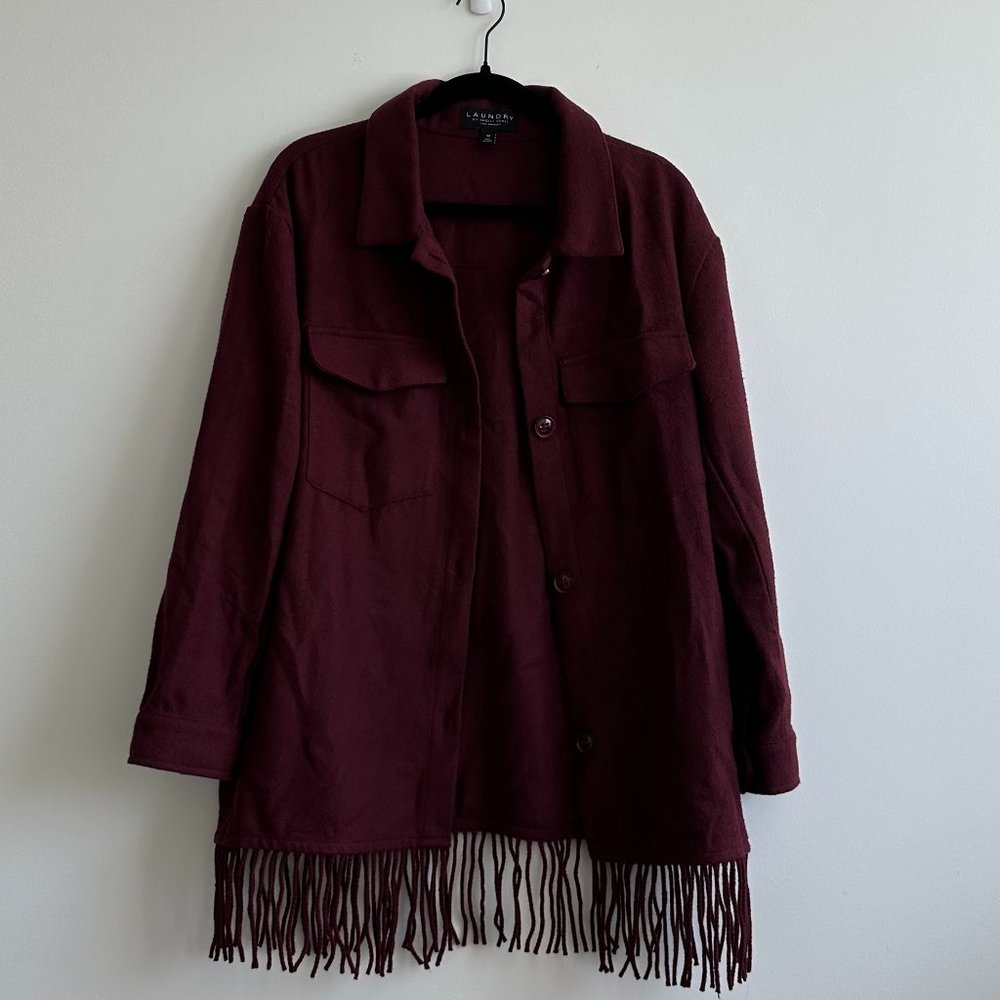 Laundry by Shelli Segal Burgundy Button Down Shacket with Fringe Hem